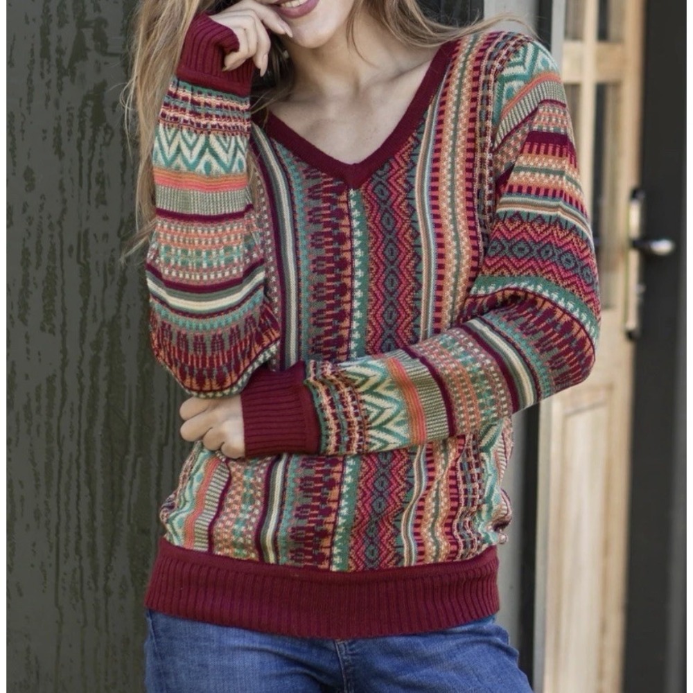 Soft‎ Baby Alpaca Novica Warm Knit Earth Tones V-Neck Women's Sweater Sz L
